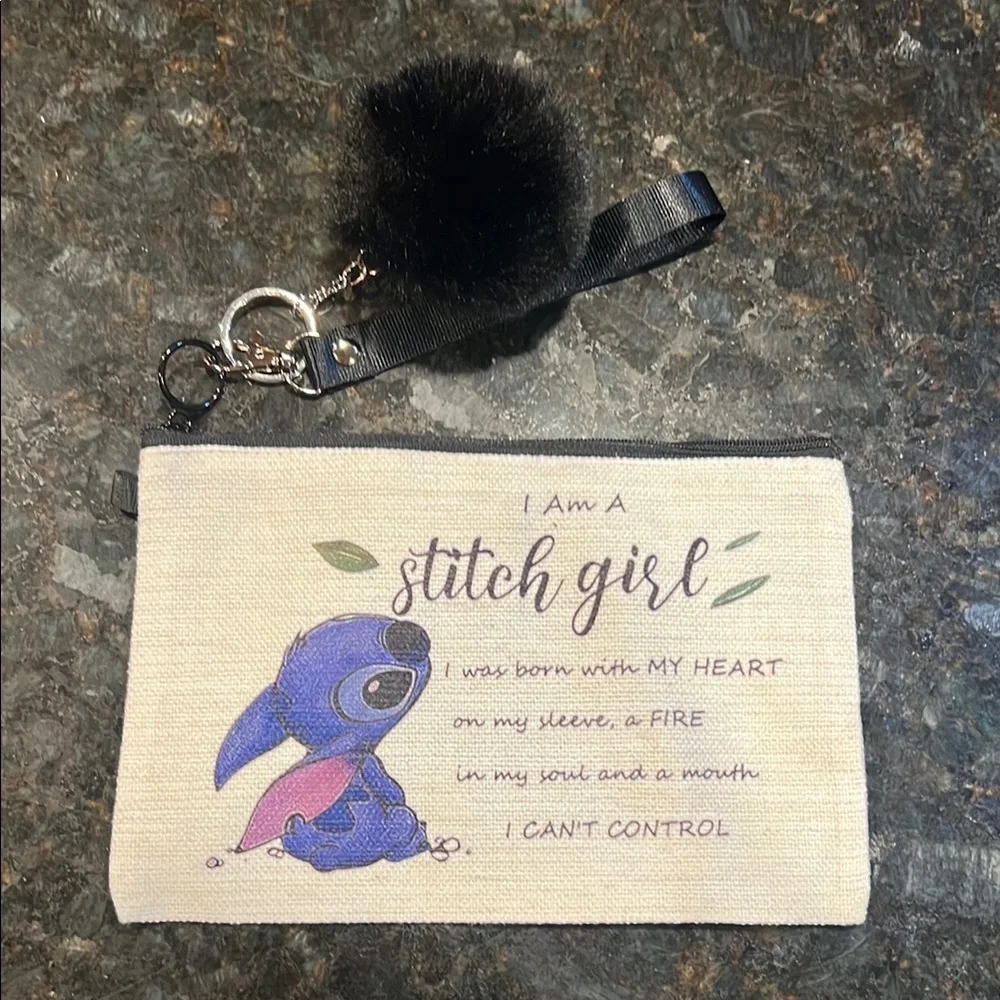 Stitch Girl Canvas Pouch with Black Pom Pom